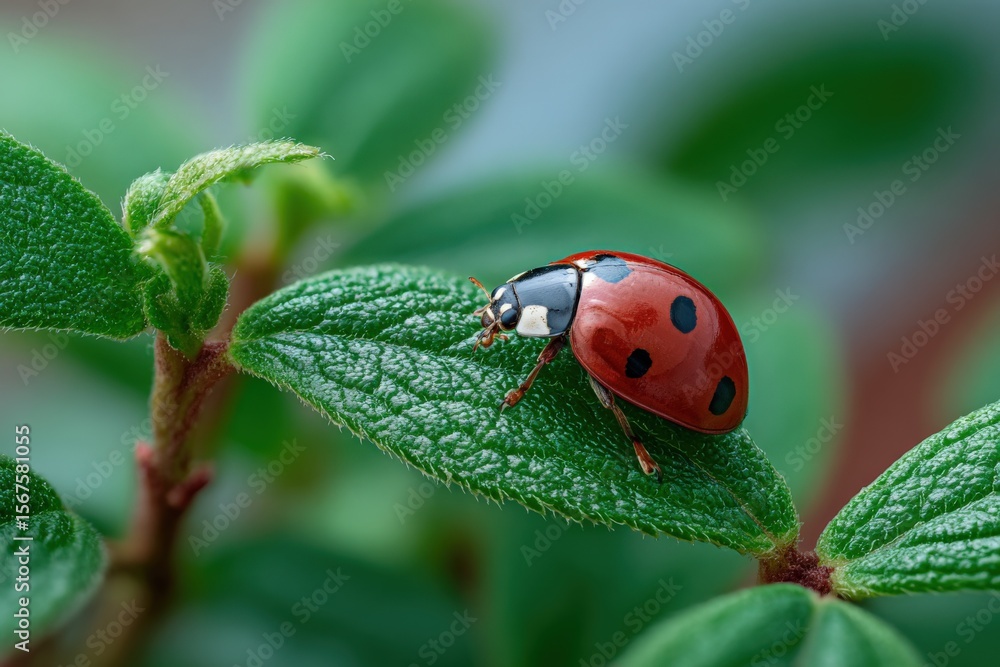 Poster Close-up of a vibrant red ladybug with black spots resting on a textured green leaf in a lush garden setting with blurred foliage Background