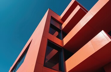 Modern salmon-colored building facade with geometric lines, dark windows against clear blue sky. Architectural design features cantilevered sections, deep shadows, suggesting contemporary, sleek