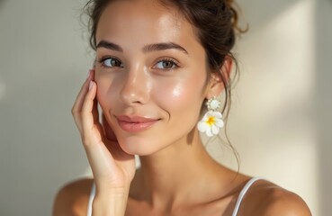 Fototapeta premium Portrait of beautiful young woman with clean, fresh, glowing skin. Her healthy skin is radiant. Focus on cosmetology, beauty, spa treatments, and facial care.