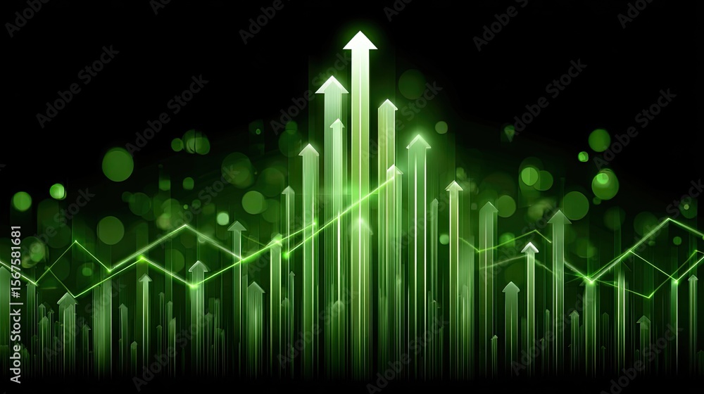 Poster abstract growth chart with green arrows and bokeh background
