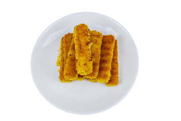 Fried fish fingers on a plate isolated on white background