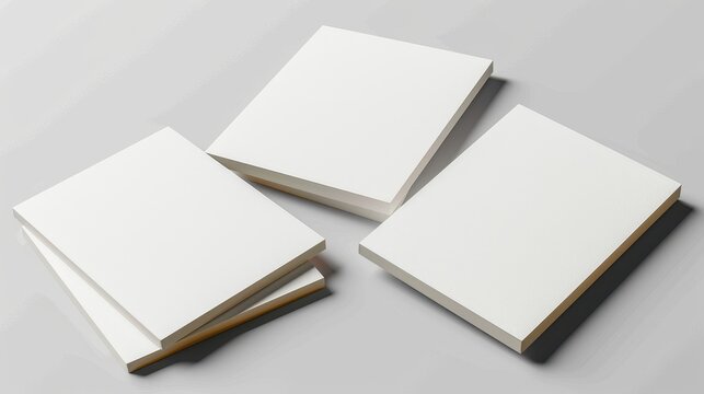 Three blank white hardcover books stacked and arranged on a gray surface, casting subtle shadows.