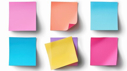 Six colorful sticky notes arranged in two rows on a white background, featuring shades of pink, orange, blue, yellow, and purple.
