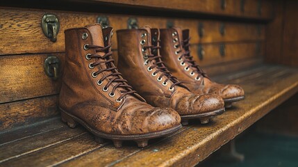Aged leather football boots on wooden bench