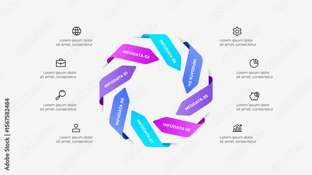 Fototapete cycle infographic diagram with 8 arrows connected to business icons. represents data visualization, 