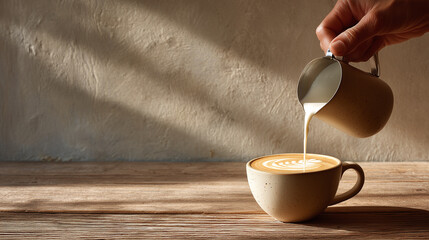 Hand pouring steamed milk into a ceramic cup of latte with heart-shaped art, lit by natural morning light on rustic wood.