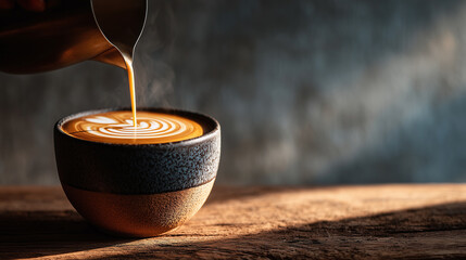 Freshly poured latte with spiral art in textured ceramic cup, bathed in warm light against rustic wooden surface and dark background.