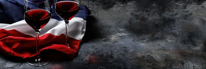Elegant bastille day celebration with red wine and french flag. Horizontal banner. Copy space. Free space for text. Flag of France and and two glasses of red wine on a stone background