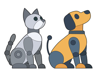 Vector set of outline clipart robots animals. Cybernetic cat and dog in outline style. Technological pets for stickers, banners and postcards