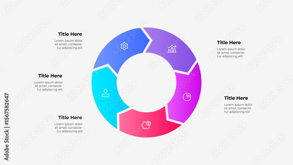 Poster circular infographic with gradient 5 sections and placeholder text labels. suitable for business, da