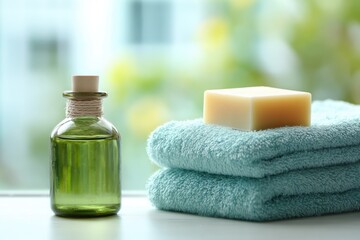 spa concept with natural soap and body lotion bottles on a soft pastel green towel.