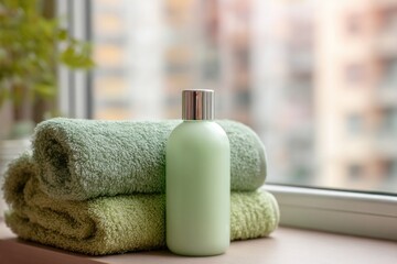 spa concept with natural soap and body lotion bottles on a soft pastel green towel.