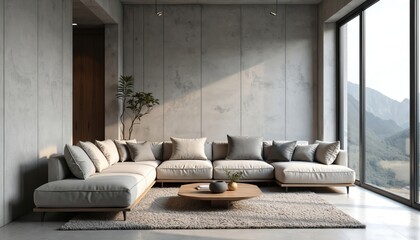 Modern loft interior spacious living room with plush sectional sofa, minimalist decor. Exposed concrete walls create industrial ambiance, complemented by large window with mountain views. Textured