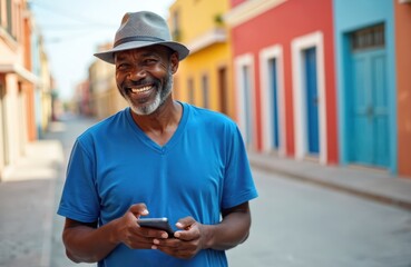 Smiling senior Black man in fedora hat, blue shirt holds smartphone, texting outdoors on colorful city street. Mature gentleman with grey hair, goatee enjoys urban lifestyle, using mobile device.