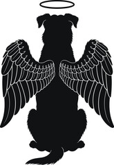 Obraz premium Dog angel silhouette vector with large feather wings and halo in rear view heavenly pose