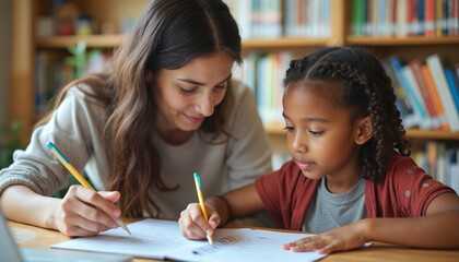 Female tutor helps young student with homework in brightly lit classroom. Focused K-12 girl learns, writes in notebook. Tutor smiles, explains lesson, offers assistance. Back to school, study