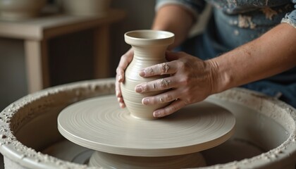 Artisan shaping clay vase on spinning wheel in ceramic studio. Hands mold earthenware vessel using pottery technique. Craftsmanship, creativity, hand-made art forming unique bowl, stoneware,