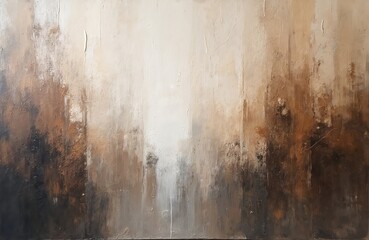 Abstract painting features rich brown, grey, white tones with textured acrylic strokes. Warm retro grunge style, rough surface, mixed colours create depth. Modern contemporary artwork suitable for