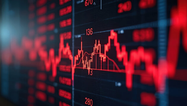 Red financial charts show declining stock market data. Red numbers and falling graphs on dark screen. Crisis, recession, or loss in stock exchange market. Economic downfall or bankruptcy.