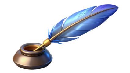 Blue feather quill pen in vintage ink bottle representing writing, creativity, literature, and classic communication