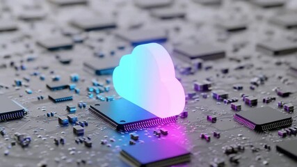 Colorful cloud symbolizing digital storage on a circuit board with microchips, showcasing technology - Powered by Adobe