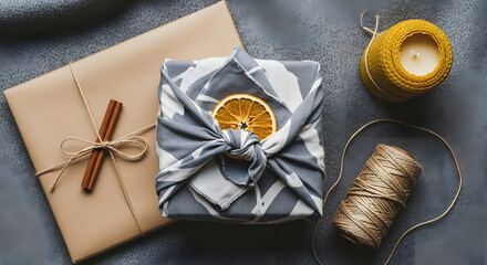 Top-down flatlay of sustainable gift wrapping using kraft paper, furoshiki fabric, dried orange, and hemp string. Set on a soft wool blanket with beeswax candle.