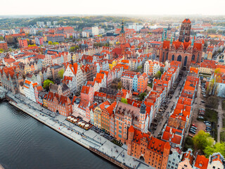Gdansk with Motlawa river in Poland. Aerial landscape of the Main Town. Old town colourful house with saint Marys church