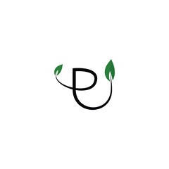 Elegant letter p logo with green leaves and flowing curves on white background