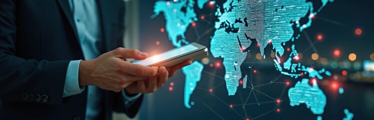 Businessman uses tablet connected to digital world map. Global logistic network shown with glowing connections. Features smart transportation, train, container, cargo ship, import export industry,