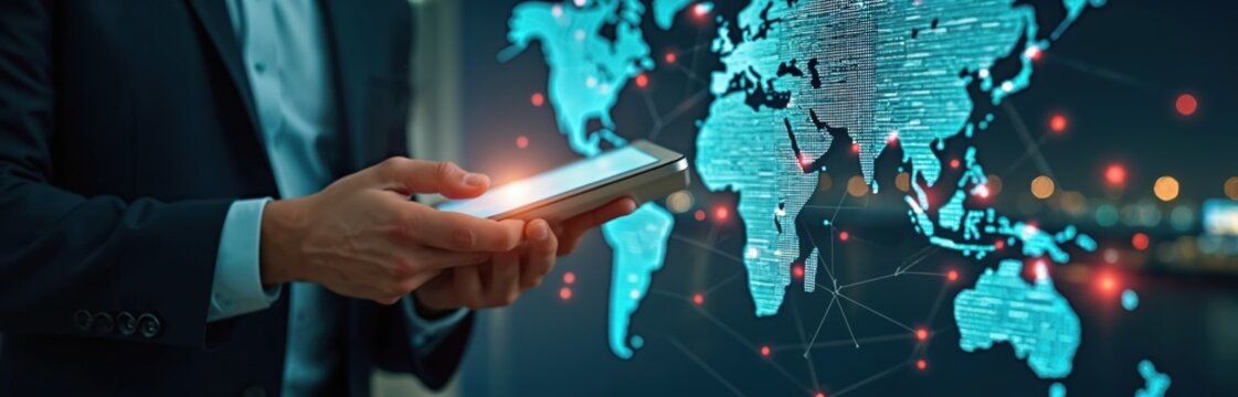 Businessman uses tablet connected to digital world map. Global logistic network shown with glowing connections. Features smart transportation, train, container, cargo ship, import export industry, - Powered by Adobe