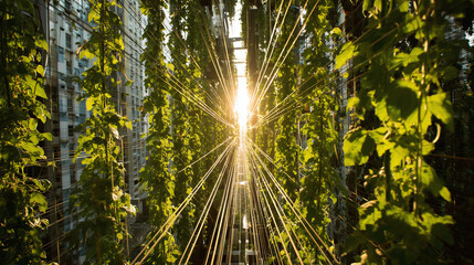 Vertical plants growing on high-rise structure in city, with dramatic sunrise light rays creating a tunnel of greenery and hope.