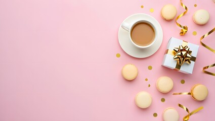 Flat lay coffee cup macarons and gift box on pink background birthday celebration party