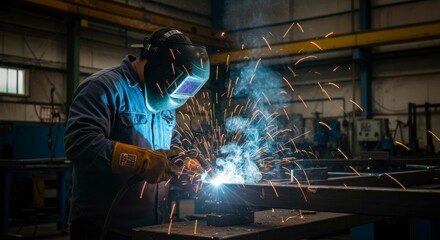A welder, shielded, expertly fuses metal, sparks illuminating the industrial workspace