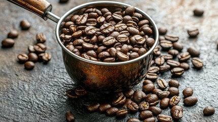 Fototapeta premium Freshly Roasted Coffee Beans in Metal Scoop on Dark Background