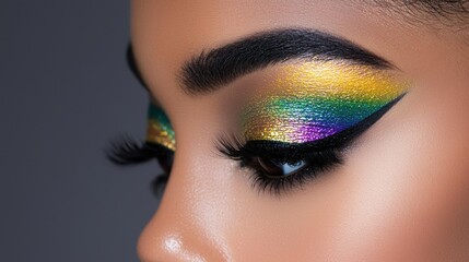 Fototapeta premium a woman with bright colored makeup and a rainbow eye shadow
