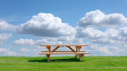 Obraz premium Bright Wooden Picnic Table on Green Grass Under Blue Sky with Clouds