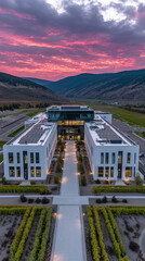 Contemporary office complex featuring solar panel rooftops, mountain views, and vibrant sunset sky reflecting innovation and environmental design.