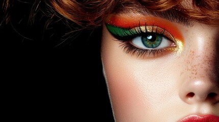 a woman with bright makeup and green eyes