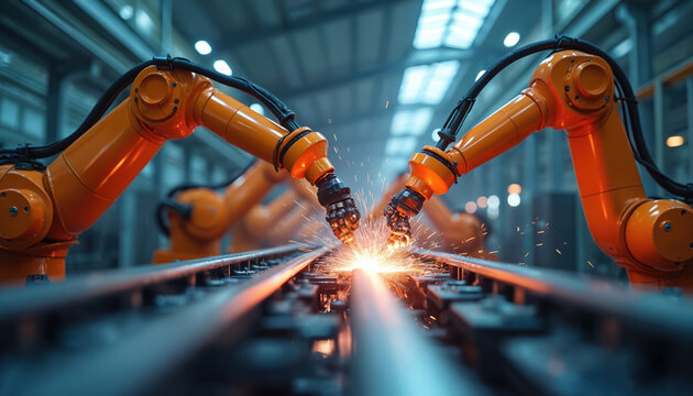 Industrial robotic arms perform automated welding on metal parts in factory setting. Sparks fly as machines precisely join components, advanced manufacturing, Industry 4. 0 capabilities for
