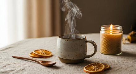 Editorial image of a steaming herbal tea in a handmade ceramic mug placed on beige linen, with wooden spoon and beeswax candle. A cozy, eco-conscious indoor moment with soft natural lighting.