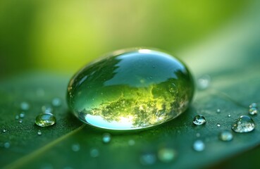 Macro shot of large glistening water droplet resting on vibrant green leaf. Tiny clear droplets scatter across textured surface. Water magnifies surrounding foliage, reflecting sunlight, green