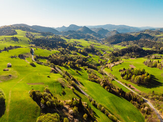Mountain scenery with pastures and High Tatras mountains in the background. Pieniny mountains in Slovakia. View from Lesnicke sedlo