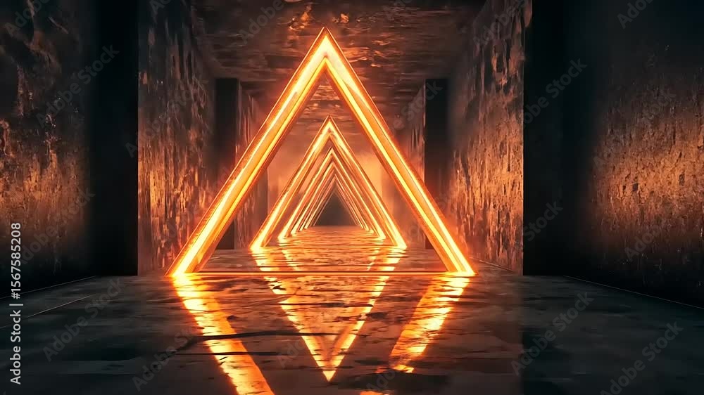 Poster futuristic corridor with glowing triangular shapes reflecting on water surface in a dark environment