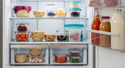 Organized fridge drawer with food wrapped in beeswax wraps, glass jars, and silicone pouches. No plastic in sight. Editorial zero waste kitchen storage visual.