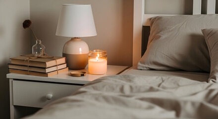 Warm bedroom corner featuring a glowing beeswax candle in an upcycled glass jar, stack of reused books, and dried flowers. A cozy and conscious slow living interior.