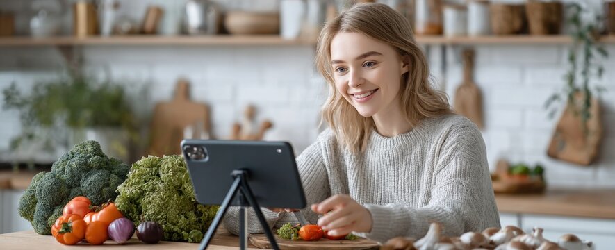 Young woman prepa healthy vegetables at home kitchen using digital tablet for recipe ideas and cooking instructions