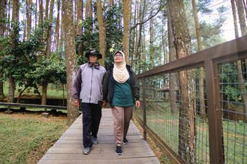 Happy Senior Couple Enjoying a Peaceful Nature Walk on a Wooden Path