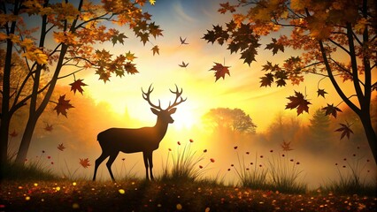 A majestic deer stands silhouetted against a vibrant autumn sunset in a misty forest