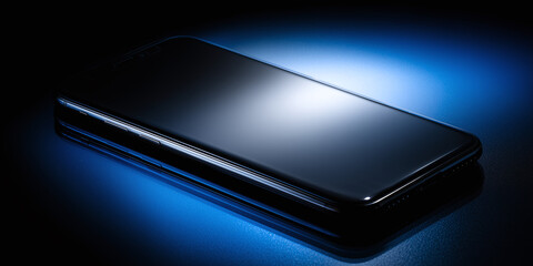 Modern black smartphone with reflective surface lying on dark surface, lit by dramatic blue lighting in moody studio setup.
