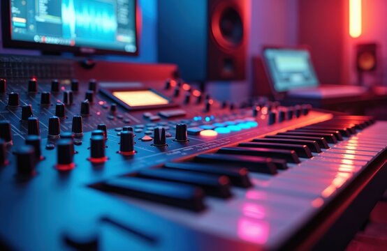 Close-up of music studio mixing board and keyboard. Neon lights illuminate audio equipment, displaying sound waves on screen. Pro DJ setup for music production, electronic beats, song creation.